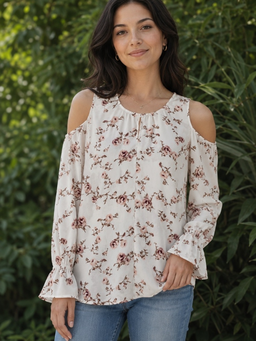 Pleione Floral Cold Shoulder Bell Sleeve Blouse Cream Pink Small